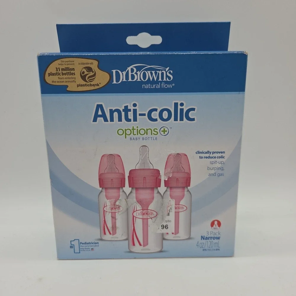 Dr. Brown's Options+ Narrow Pink Bottles, 3 bottles, 4 Ounce, Slow Flow Nipples